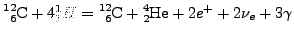 $ \cf{^{12}_{6}C}+4{^{1}_{1}H} = \cf{^{12}_{6}C}+\cf{^{4}_{2}He} +2 e^{+}+2\nu_{e}+3\gamma$
